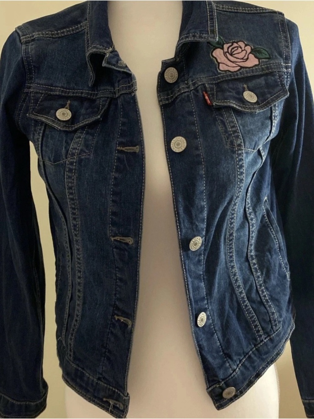 Levi's Blue Denim Jacket with Pink Rose Patch